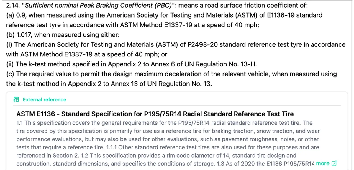 External reference to a standard or regulation, with document details and link